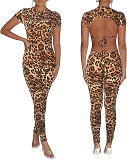 Bodycon Jumpsuits for Women Sexy Backless Short Sleeve High Waisted One Piece Outfits Skinny Catsuits