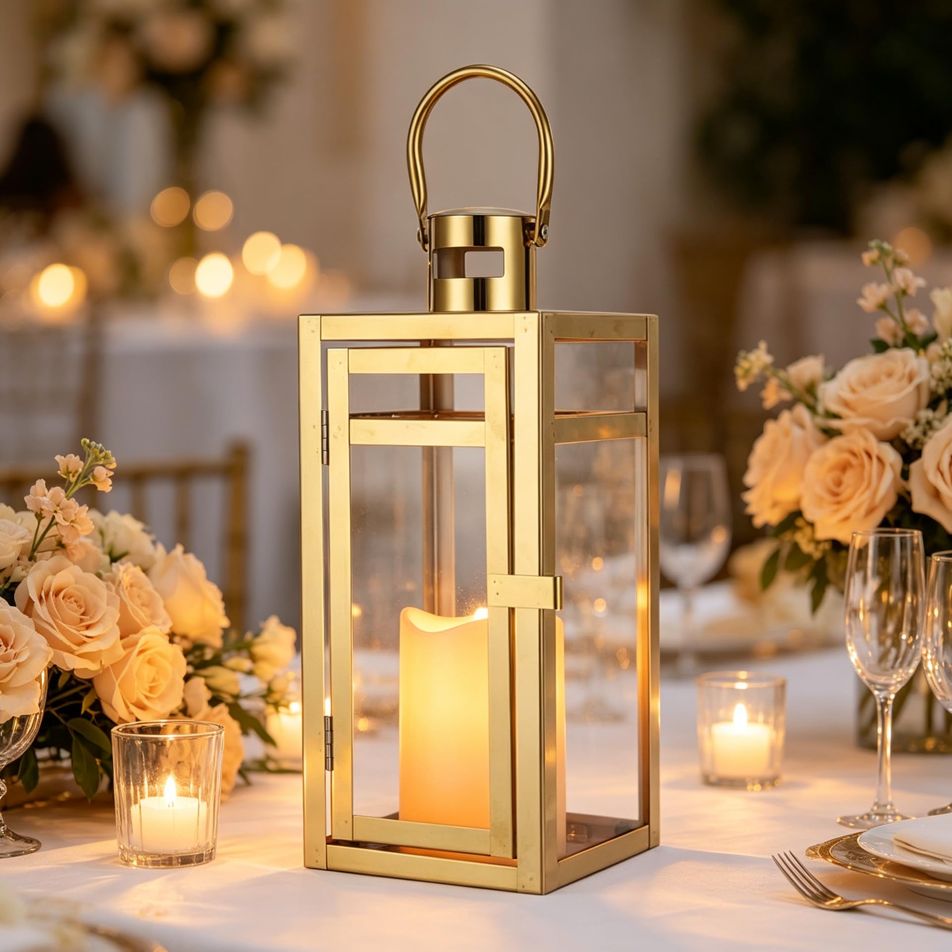 TRIROCKS Lot de 2 lanternes décoratives en acier inoxydable de 30,5 cm de haut en métal avec panneaux trempés pour décoration d'intérieur, salon, fêtes, événements, table, intérieur et extérieur (doré