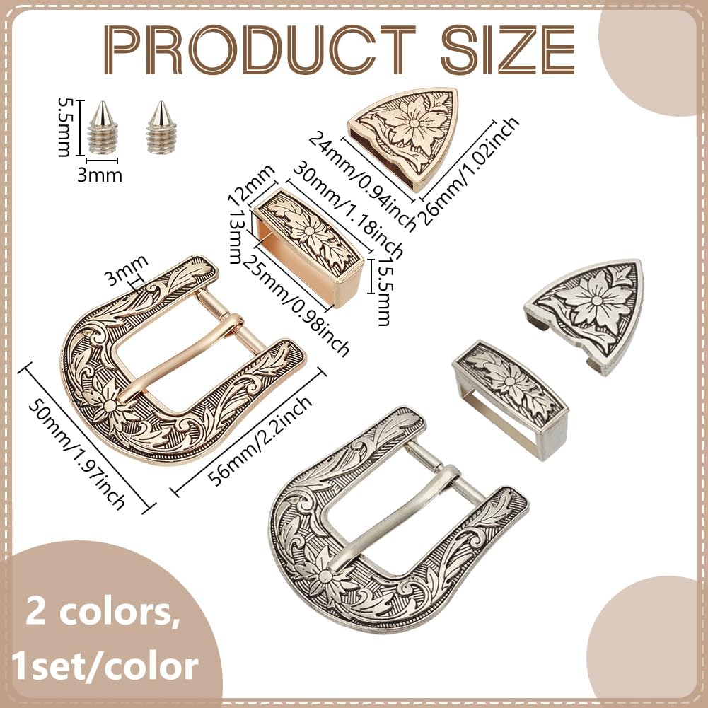 BENECREAT 2 Sets Antique Western Cowboy Buckle Set, 1" Wide Strap Floral Engraved Replacement Buckles for Men Women, Alloy Belt Buckle Set with Antique Golden & Platinum - Image 2
