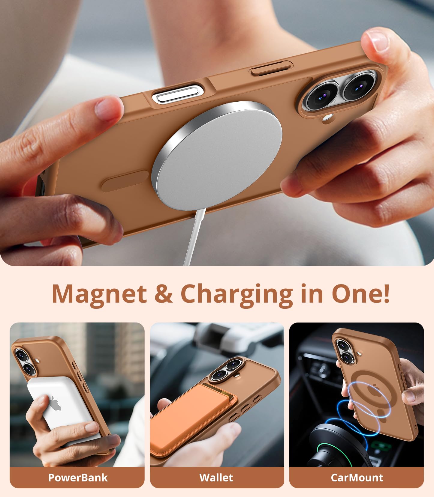 Vansdon Cover Magnetica per iPhone 16 con 1 Pezzi Vetro Temperato, Compatibile con Magsafe, Protezione anticaduta di livello militare, Custodia Traslucida Opaca Sottile Antiurto-Marrone caffè