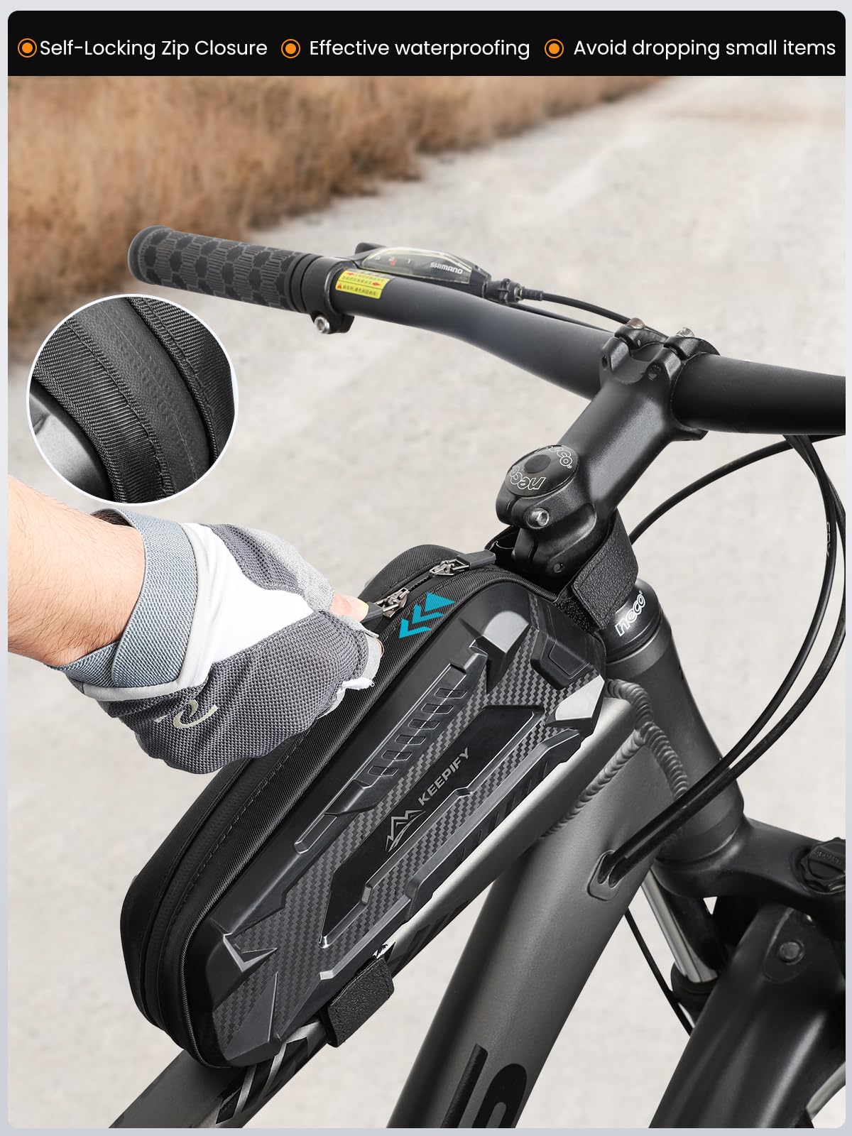 Borsa Telaio Bici Super Support, Bici Borsa Tubo Anteriore Leggera & Impermeabile, Borsa da Telaio Bici con Cerniera Autobloccante per Bici da Strada & MTB - Nero