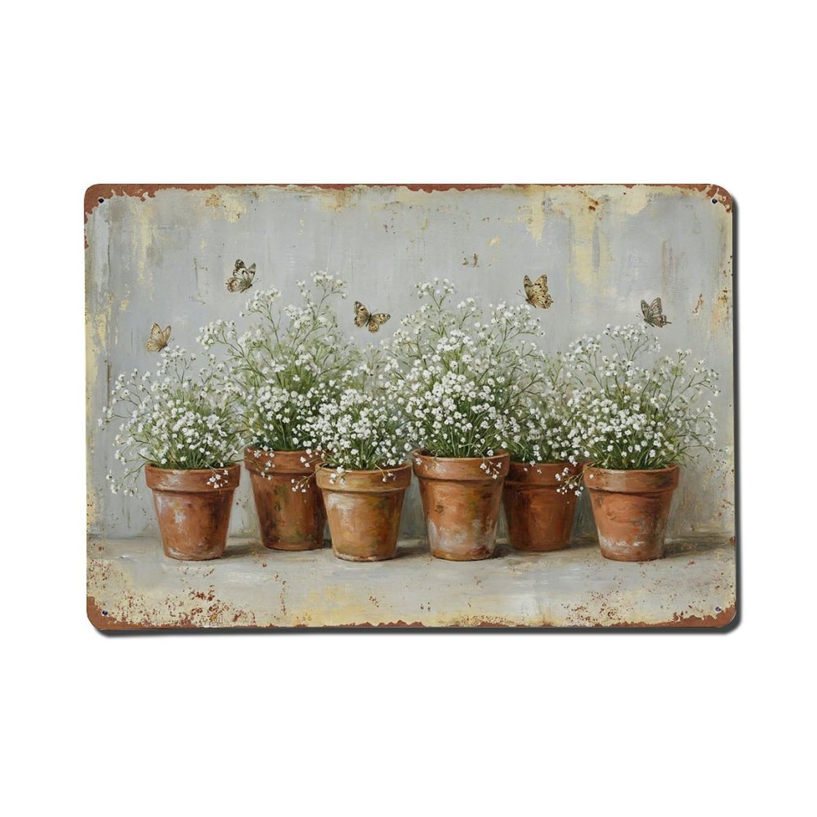 Vintage Rustic Flower Potted Plants Gypsophila Metal Tin Sign