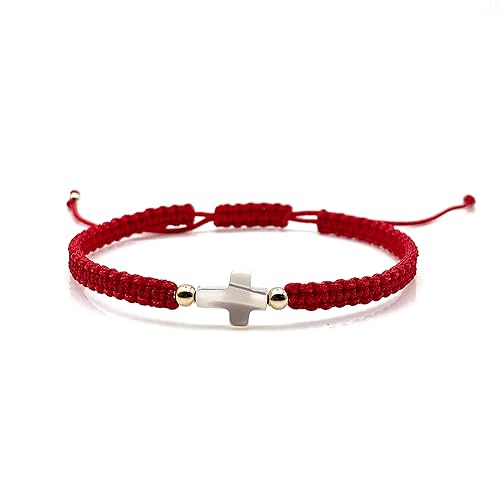 CRUZONE Adjustable Red String Hand-woven Bracelet with Mother of Pearl Cross - Spiritual Jewelry for Women