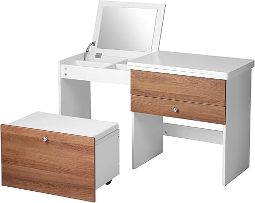 LOUVIXA Juego de tocador de maquillaje con cajón y espejo abatible, juego de tocador con taburete acolchado para dormitorio, color blanco