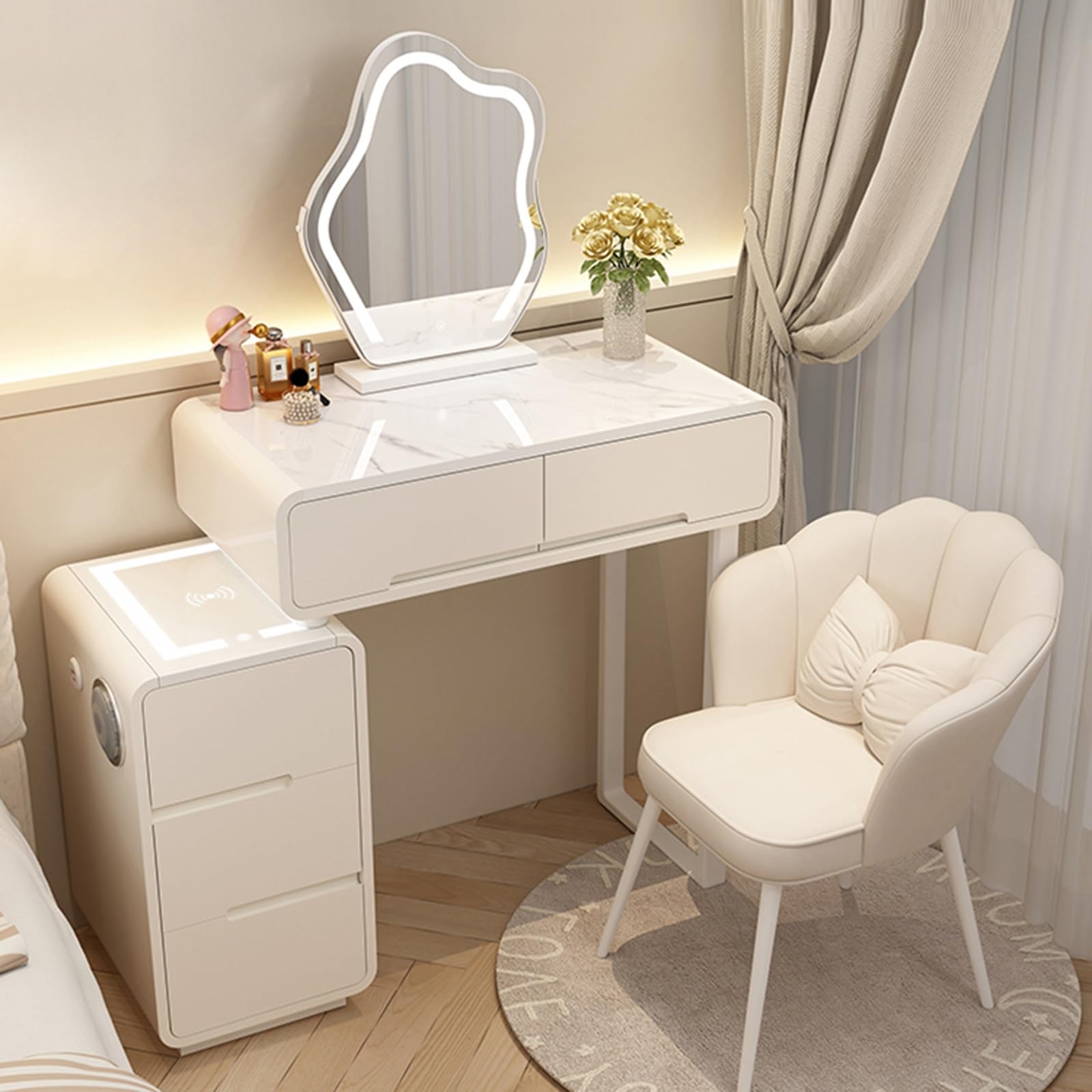 asdchZen Led Lighted White Vanity Set, Makeup Table With Mirror & Cushioned Stool, Stylish Dressing Table For Girls & Women, Perfect Bedroom Furniture,Type-a-50cm/19.7in