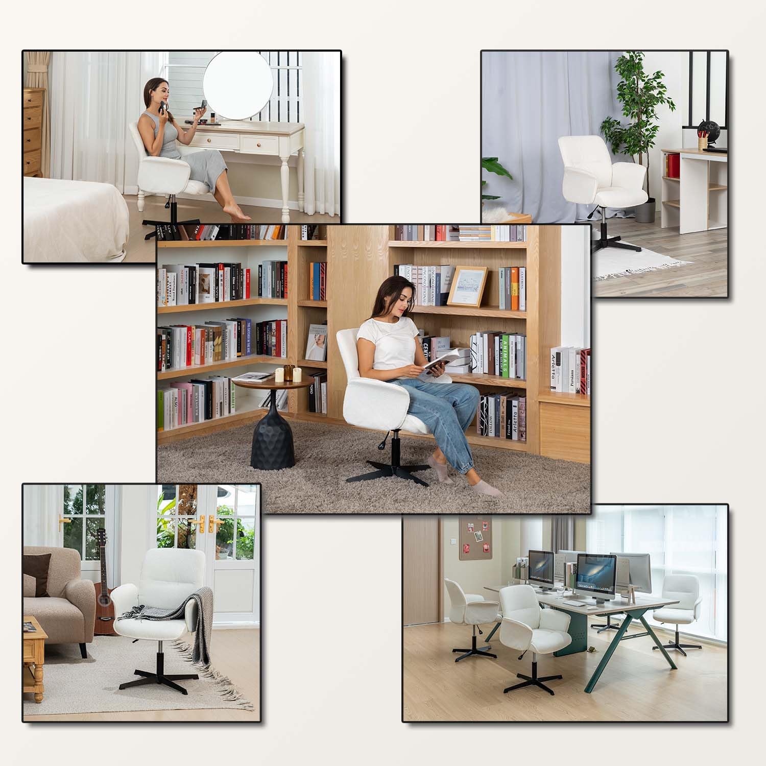 MEUBLE Cosy Sillones de salón Butaca nórdica Sillas de Maquillaje Escritorio de Giratoria Altura Ajustable con Reposabrazos para Dormitorio Oficina en Tela de Felpa Blanco