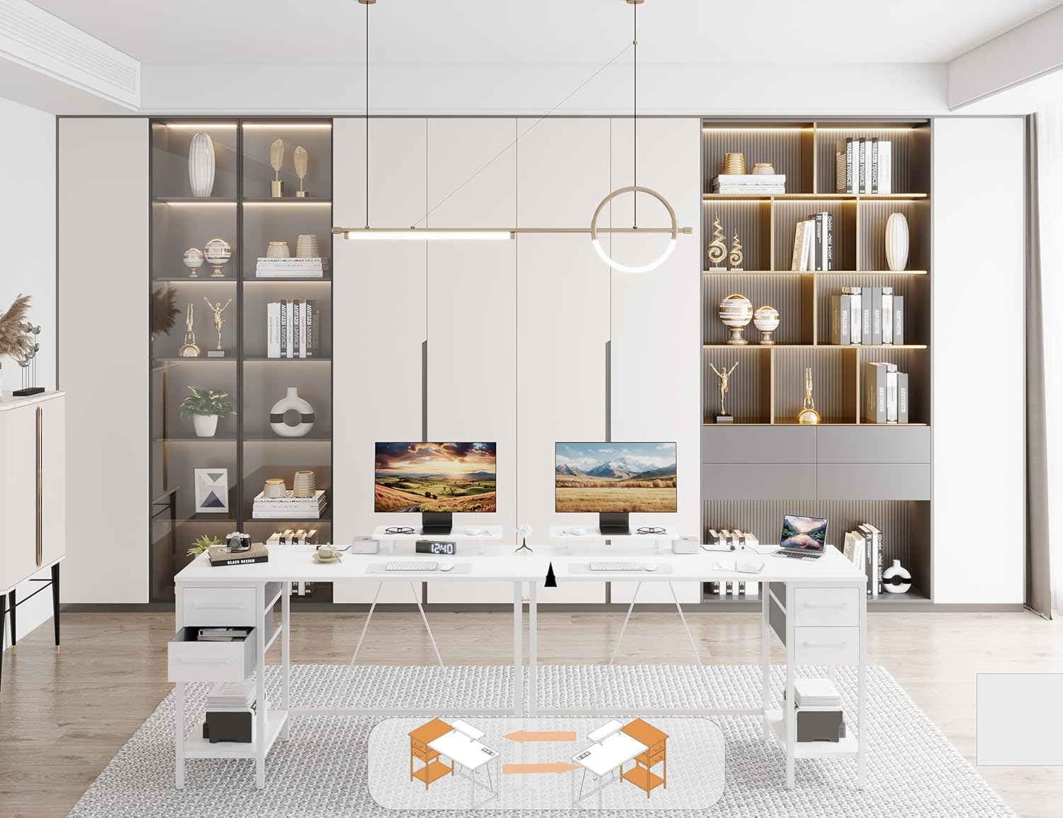 Bureau 100 x 50 cm avec 2 tiroirs et Support d'écran Amovible, Bureau d'ordinateur réversible avec Prises électriques pour Bureau à Domicile, Bureau d'étude ou Chambre à Coucher, Blanc