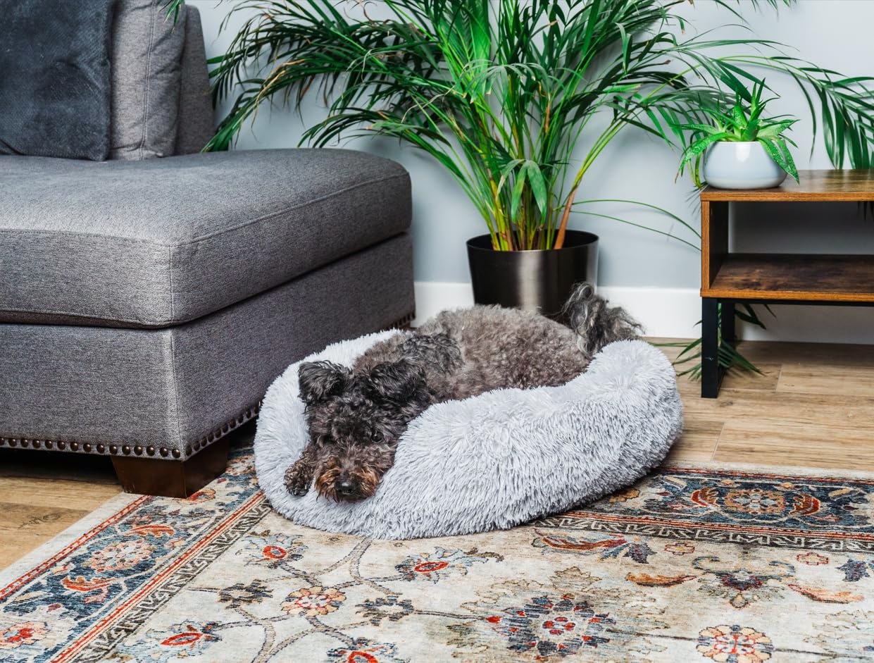 Woof & Whiskers Donut Dog Bed Light Grey Medium 60cm - Calming Plush Cuddler Bed for Small Dogs & Cats - Image 2