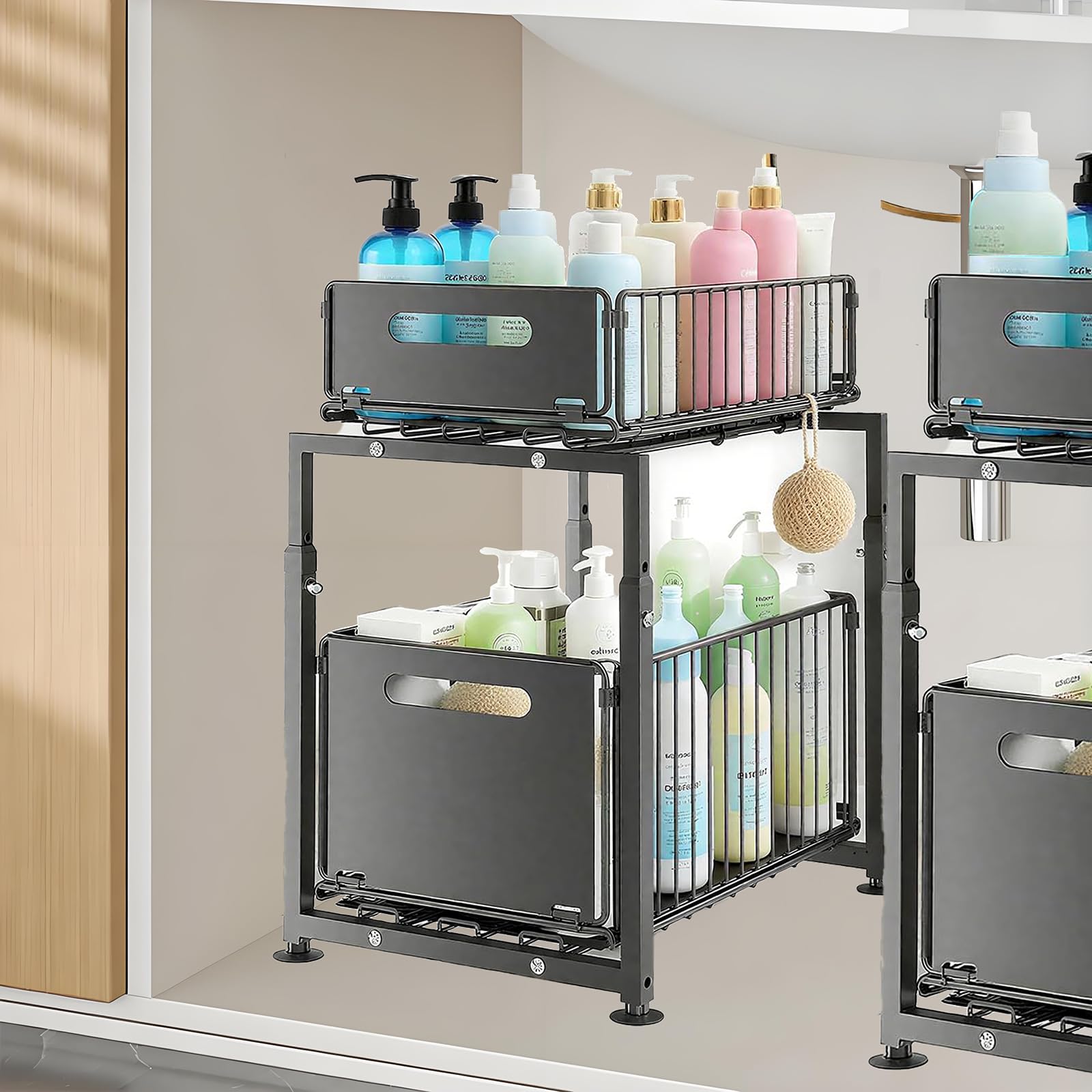 Organizer sotto il lavello a 2 ripiani con cassetto scorrevole estraibile, in metallo resistente, scaffale da cucina regolabile in altezza per bagno, scaffale salvaspazio (nero)