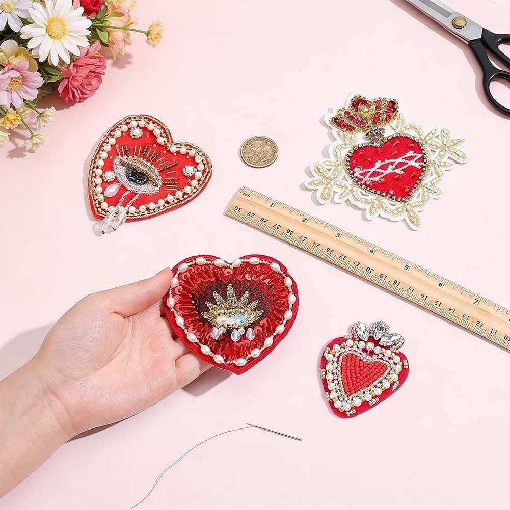 NBEADS 4 Pcs 4 Styles Evil Eyes Heart Beaded Patches, Red Polyester Rhinestone Applique Patches for Clothes Decoration Handbag Embellishment Jacket Accessory