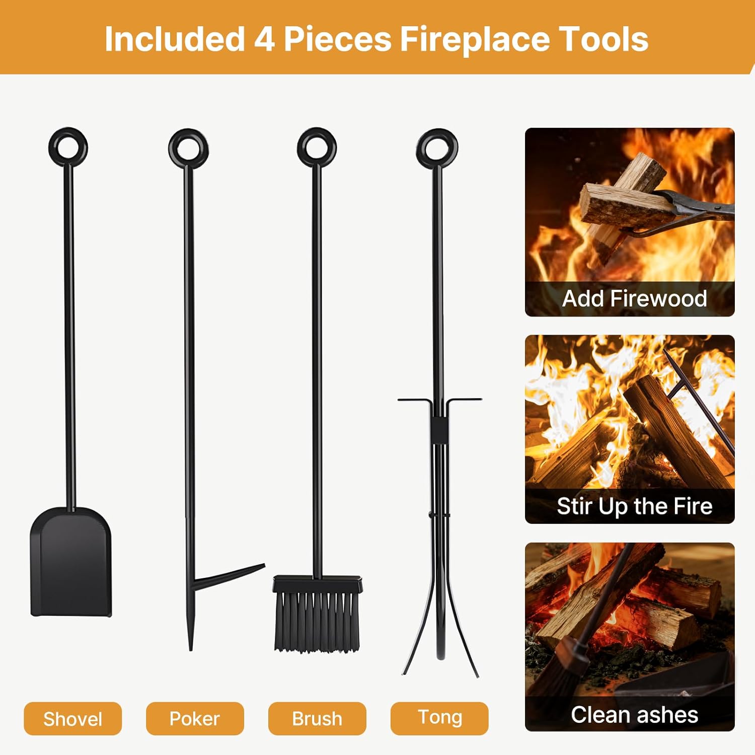 Vailge Firewood Rack Indoor with 4 Pieces Long&Detachable Fireplace Tools, Heavy Duty Steel 2-Tier Firewood Holder Storage, Log Rack for for Fireplace, Fire Pit, Wood Stove Black