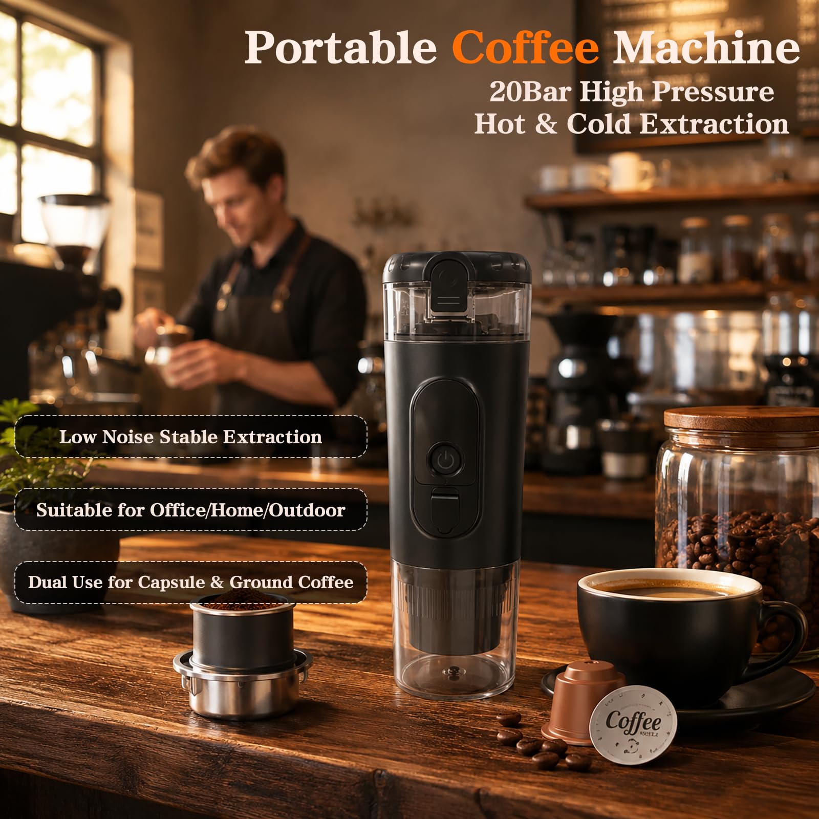 Cafetera eléctrica con pantalla LED de temperatura, compatible con cápsulas y café molido