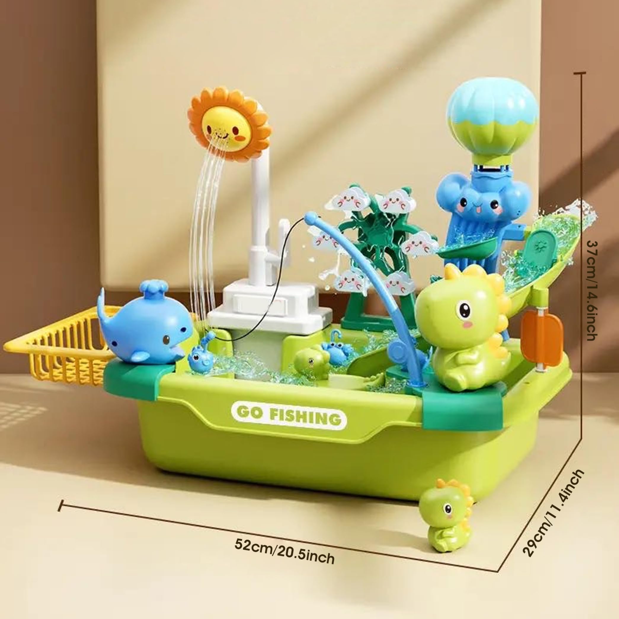 Lavello per bambini, lavello giocattolo con acqua corrente, set da gioco per bambini a tema dinosauro con pesca, lavastoviglie e scivolo sistema di ci