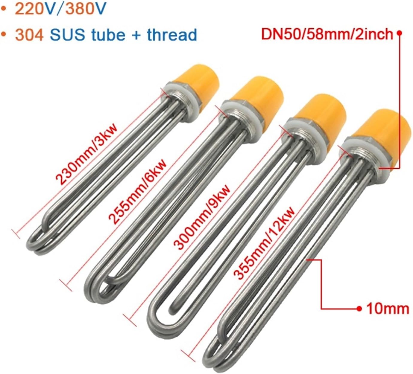 1Pcs 2inch BSPT Solar Water Tank Heating Element DN50 58mm Thread Electric Heating Pipe Full 304 Stainless Steel(220V,9KW300L DN50 304SUS)