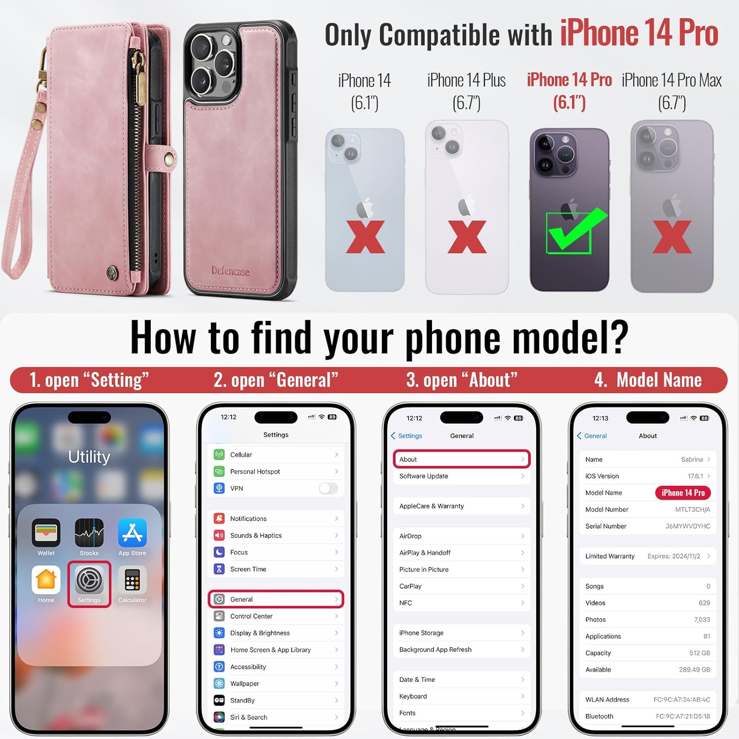 Defencase for iPhone 14 Pro Magnetic Wallet Case Compatible with Magsafe with RFID Blocking Zipper Strap Card Holder for Women, PU Leather Detachable Phone Case for iPhone 14 Pro (6.1 inch), Rose Pink