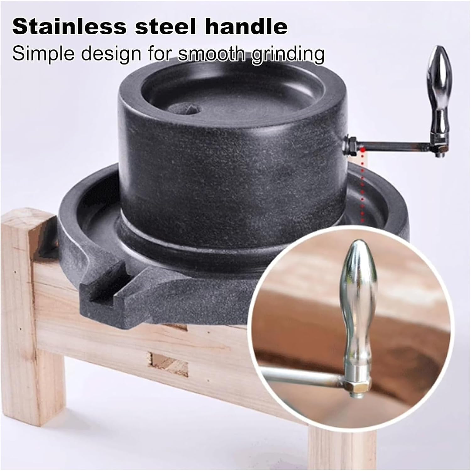 Manual Stone Mill, Hand Grinder with Stainless Steel Handle & Wooden Stand, 20cm for Grinding Wheat, Rice, Corn - Authentic Kitchen Tool