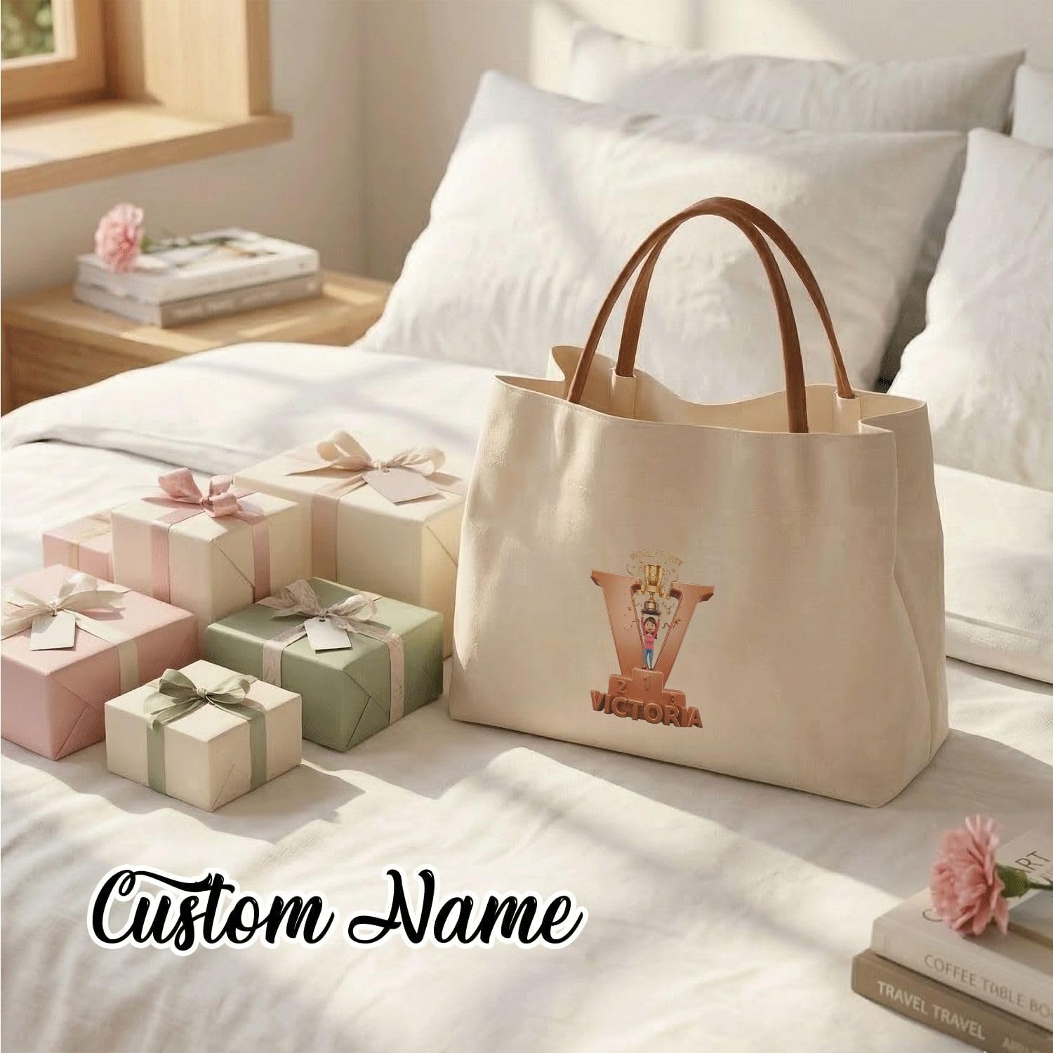 Personalized Canvas Tote Bag with Custom Name Candy Love Graphic Faux Leather Handles for Women Mothers Day