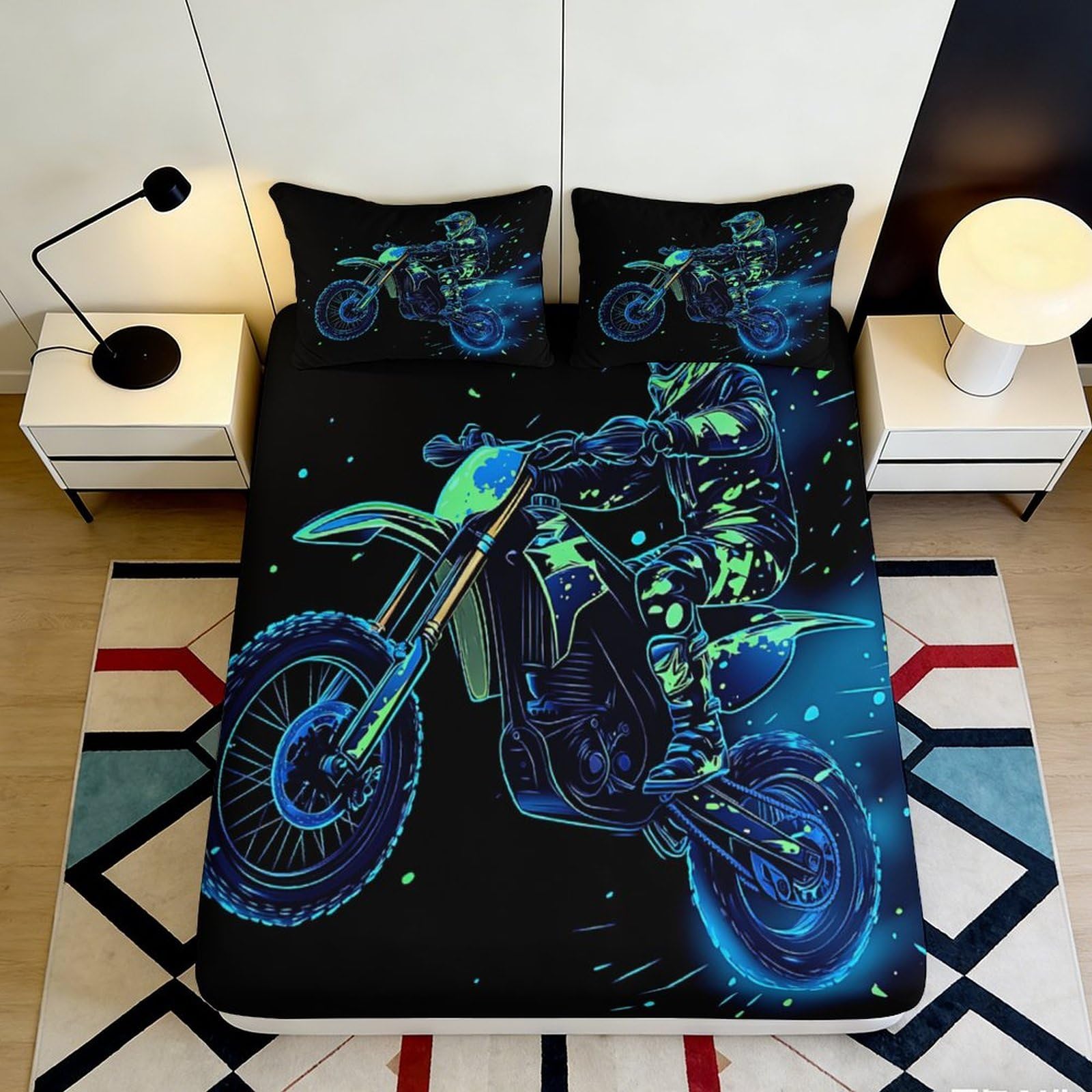 Pnayamiorkfel Style-10 3D Printed Neon Motocross Fitted Sheet Microfiber Soft Breathable Rider Bed Cover For Bedroom Dorm Protective Decor 90X200x25cm