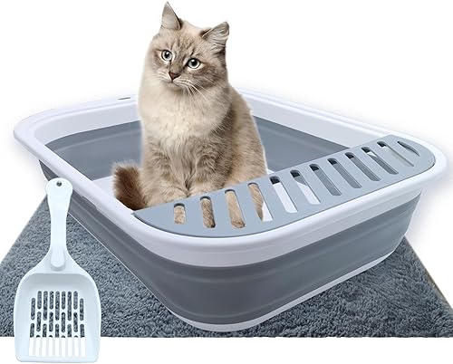 Caja de arena plegable para gatos pequeña, bandeja de arena para gatos con pala abierta impermeable y plegable, bandeja de arena de viaje para