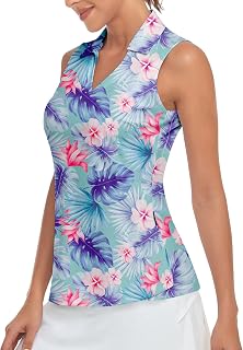 Soneven Women's Sleeveless Golf Shirts Printed Moisture Wicking V Neck Golf Polo Shirts Racerback Golf Tank Tops