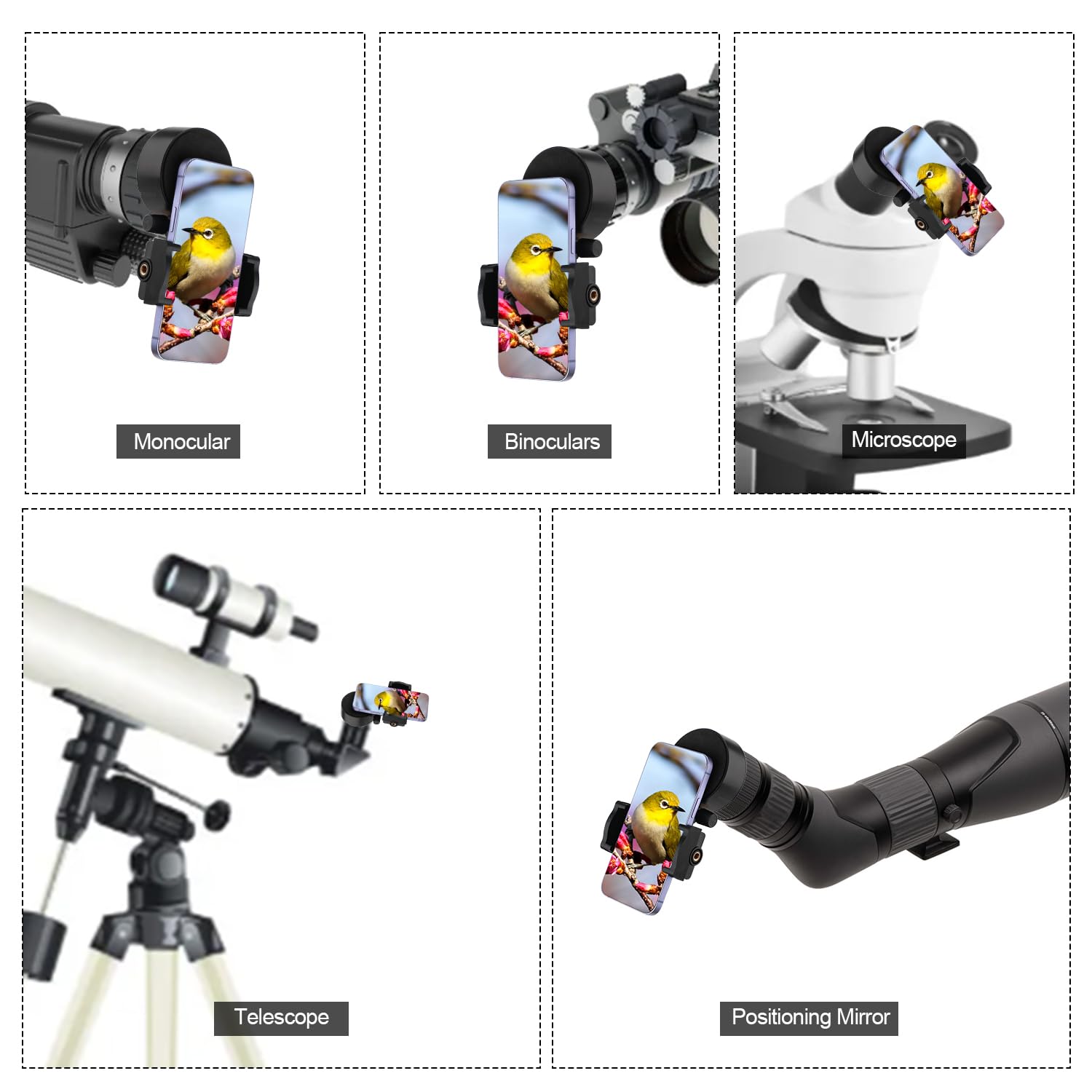 Adaptador Universal Movil Telescopio, Soporte Telefono Telescopio Terrestre Binoculares Monoculares Telescopios Microscopios - Accesorios para Telescopios para la Mayoría de los Teléfonos