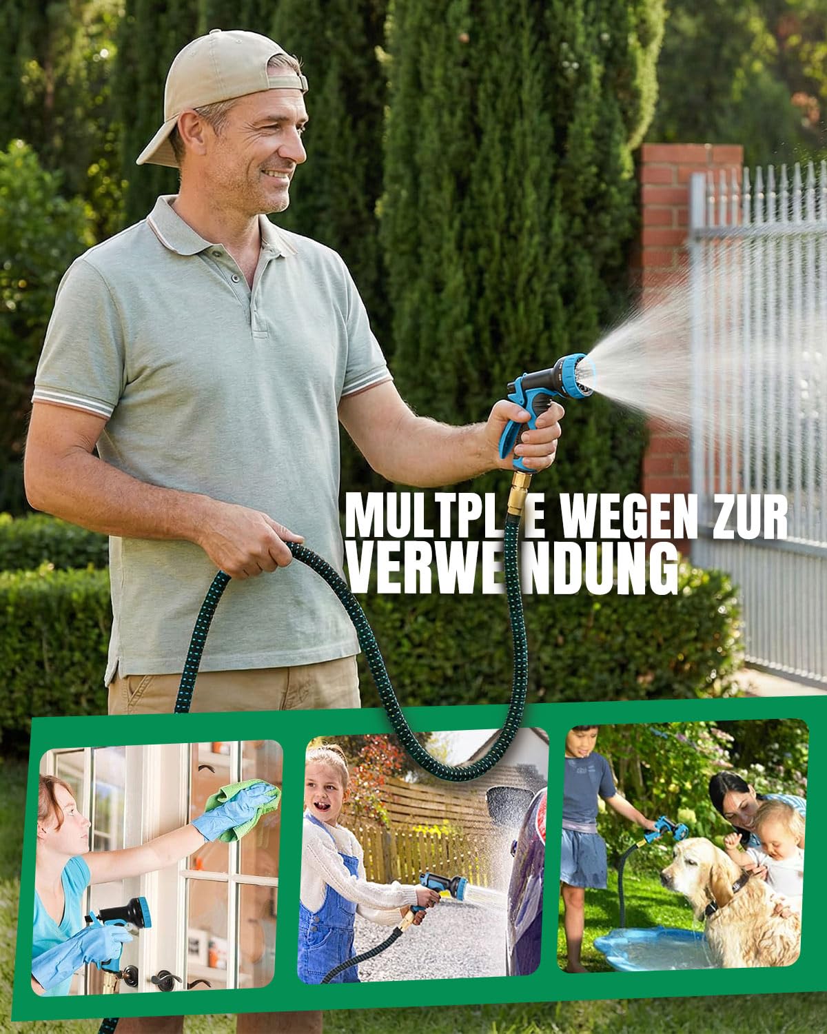 15m/50FT Flexibler Gartenschlauch, Erweiterbarer Gartenschlauch mit 10-Funktions-Düse, 3/4" und 1/2" Zoll Messinganschlüssen, 4 lagiger Latex, 3750D-Gewebe Wasserschlauch für Garten, Autowäsche, Hof