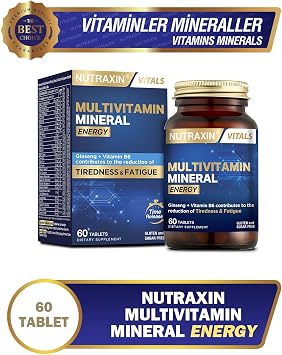 Nutraxin Multivitamin Mineral Energy – Ginseng, CoQ-10, L-Karnitin, Taurin ve 24 Vitamin-Mineral İçeren Enerji Destek Tableti – 60 Tablet – Vegan (2 paketi)
