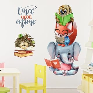 Once Upon a Time Reading Animals Wall Decals Stickers, Motivational Fox Elephant Owl Hedgehog Reading Books Nursery Decoration Classroom Bedroom Art, Kids Toddlers Study Room Library Decor