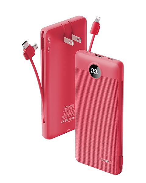 Portable Charger Built-in Cables and AC Wall Plug, VRURC USB C Power Bank 10000mAh, Travel Battery Portable Phone Charger Compact Lightweight External Battery Pack for SmartPhones,Tablets-Viva Magenta