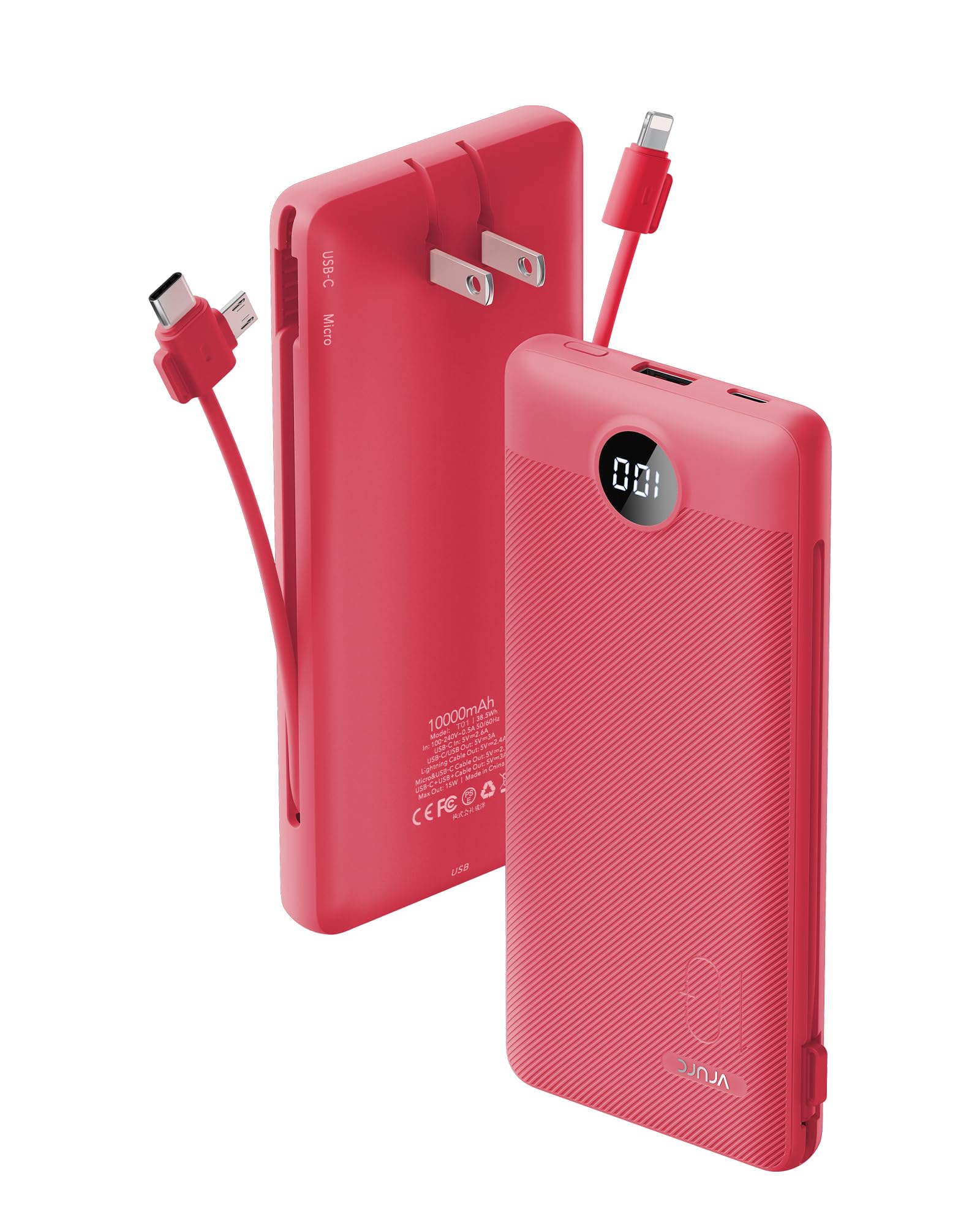 Portable Charger Built-in Cables and AC Wall Plug, VRURC USB C Power Bank 10000mAh, Travel Battery Portable Phone Charger Compact Lightweight External Battery Pack for SmartPhones,Tablets-Viva MagentaClimatePartner certified
