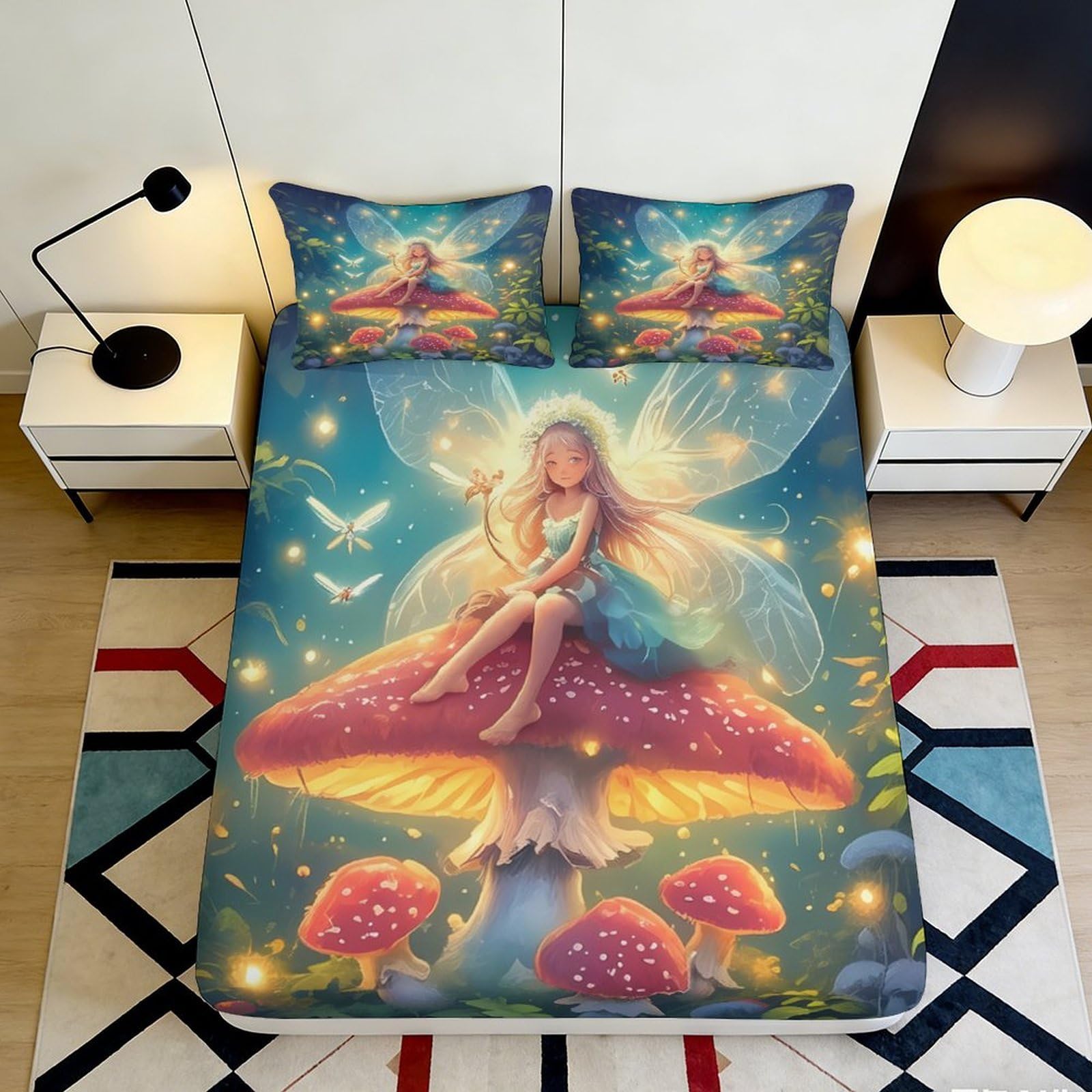 3D Printed Fairy Mushroom Fitted Sheet Microfiber Soft Dustproof Fantasy Forest Bed Cover for Bedroom Home Decor 90x200x25cm