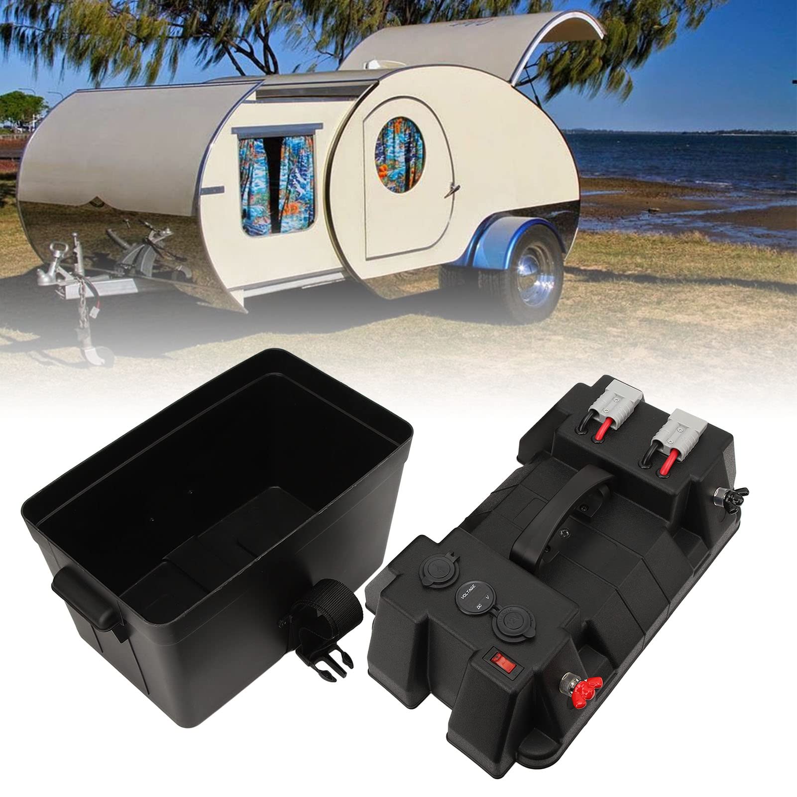 Skrzynka akumulatorowa PolyGen RV ze złączami Anderson i podwójnymi portami USB, wyłączniki automatyczne 16 A i 60 A, przenośna listwa zasilająca dla akumulatorów grupy 24 i 27