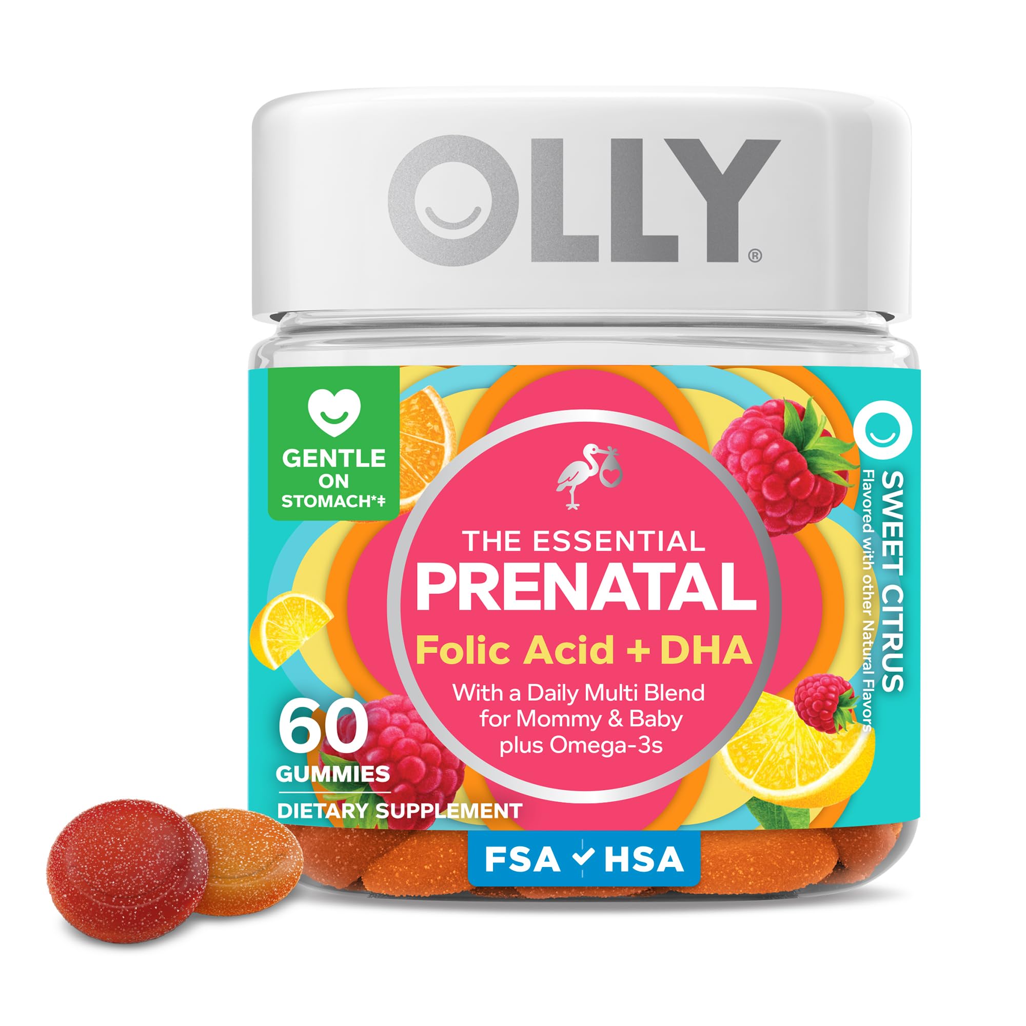 OLLY Essential Prenatal Multivitamin Gummy with Folic Acid & DHA, Sweet Citrus Flavored, 60 Count | USA Import for Mommy & Baby