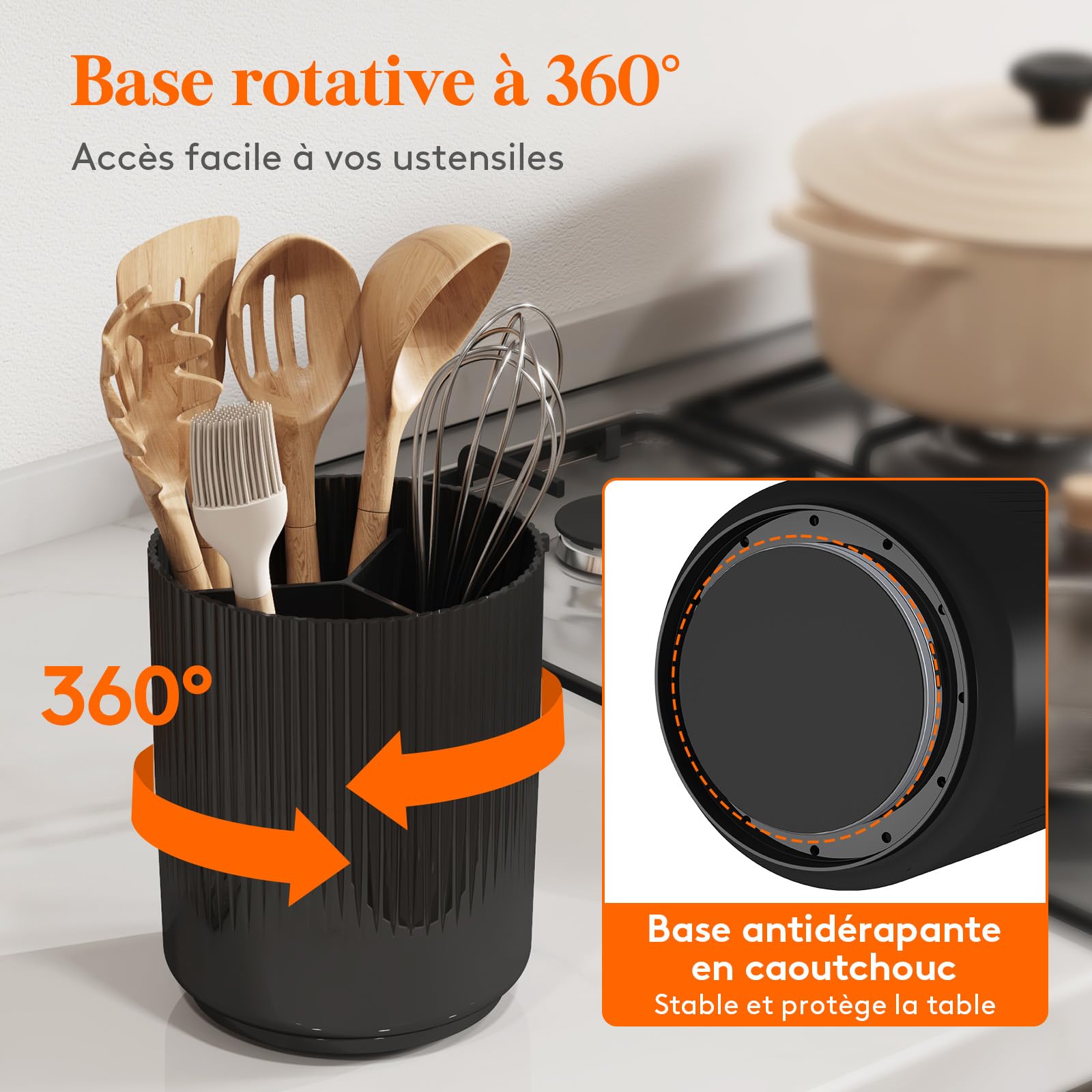 Lifewit Kitchen Counter Utensil Holder with 3 Compartments, 15 x 19 cm Cutlery Tray for Drawer, Spatula Organizer, with Non-Slip Rotating Base and Dry Drainer, Set of 2, Black