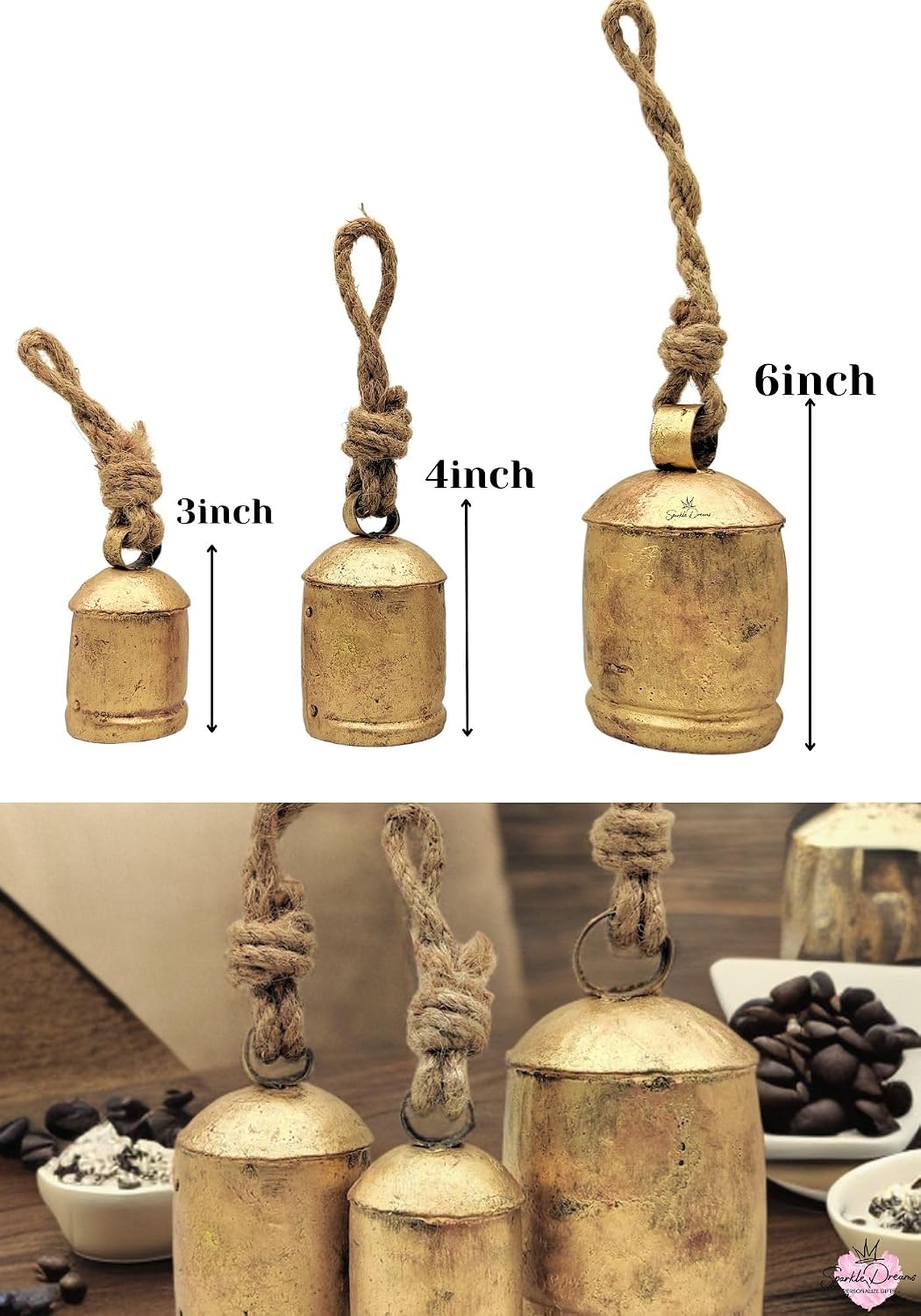 Shabby Chic Vintage Country Style Rustic Metal Bells Set of 3 Hanging Harmony Giant Cow Bells on Rope