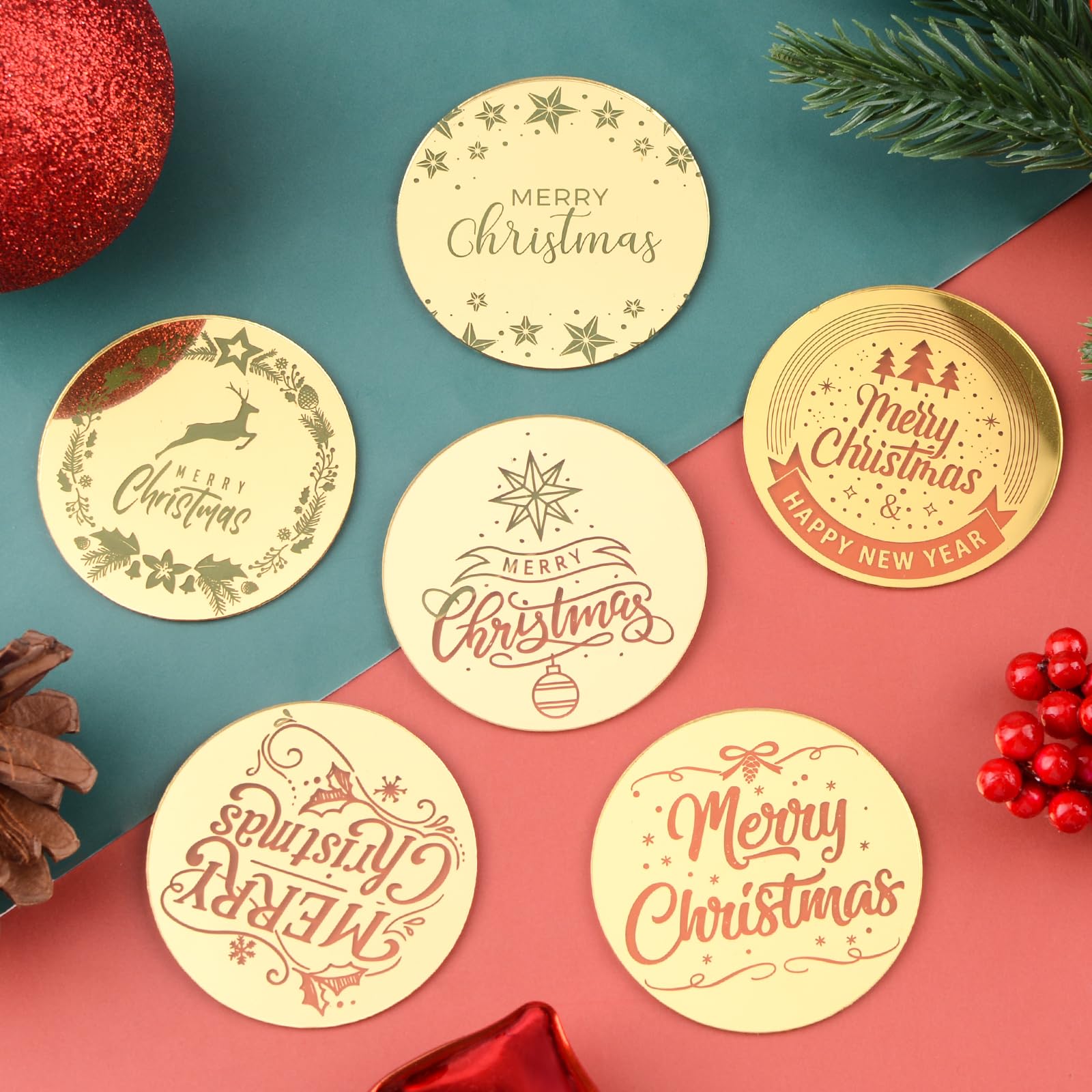 URROMA 30Pcs Merry Christmas Cupcake Toppers, 6 Designs Golden Round Acrylic Cupcake Charms - Image 2