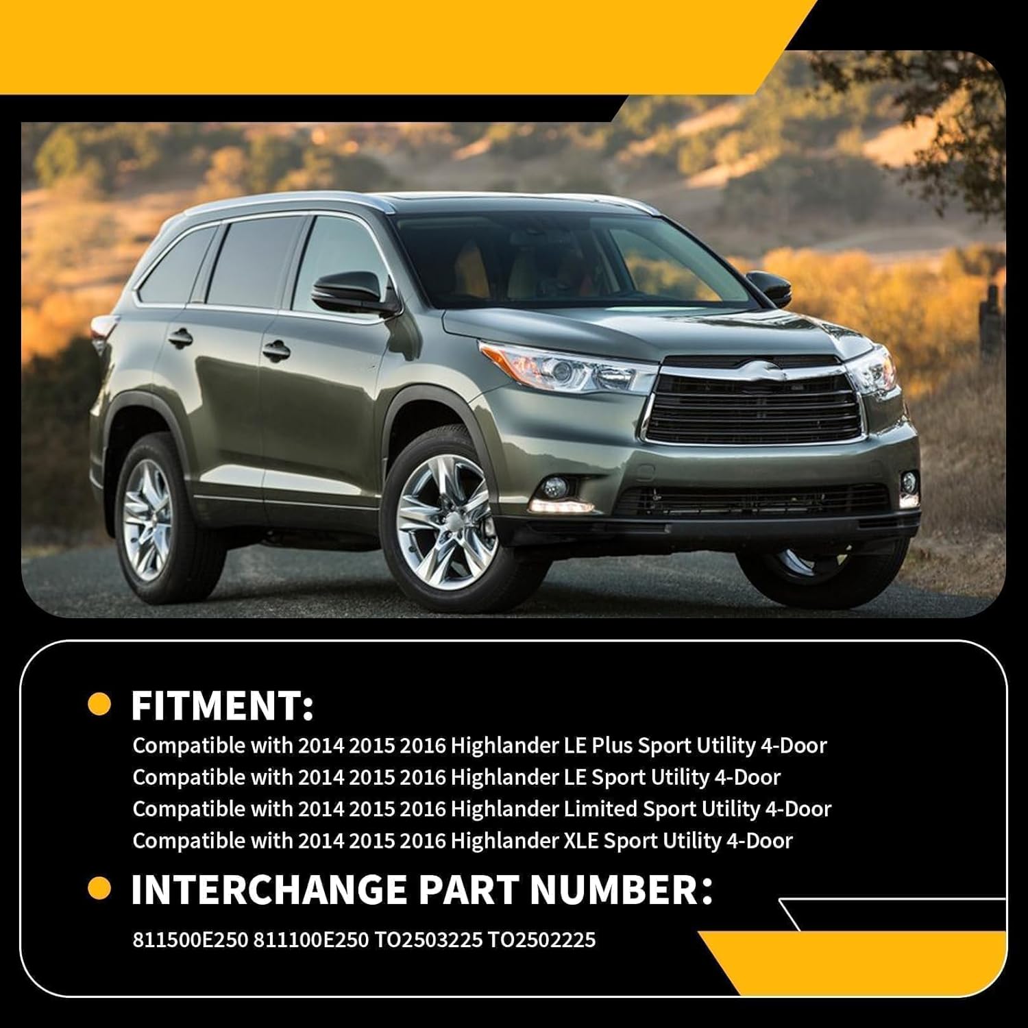 811500E250 811100E250 Halogen Headlight w/o Bulbs Compatible with 2014-2016 Highlander LE Plus/LE/Limited/XLE Driver & Passenger Side