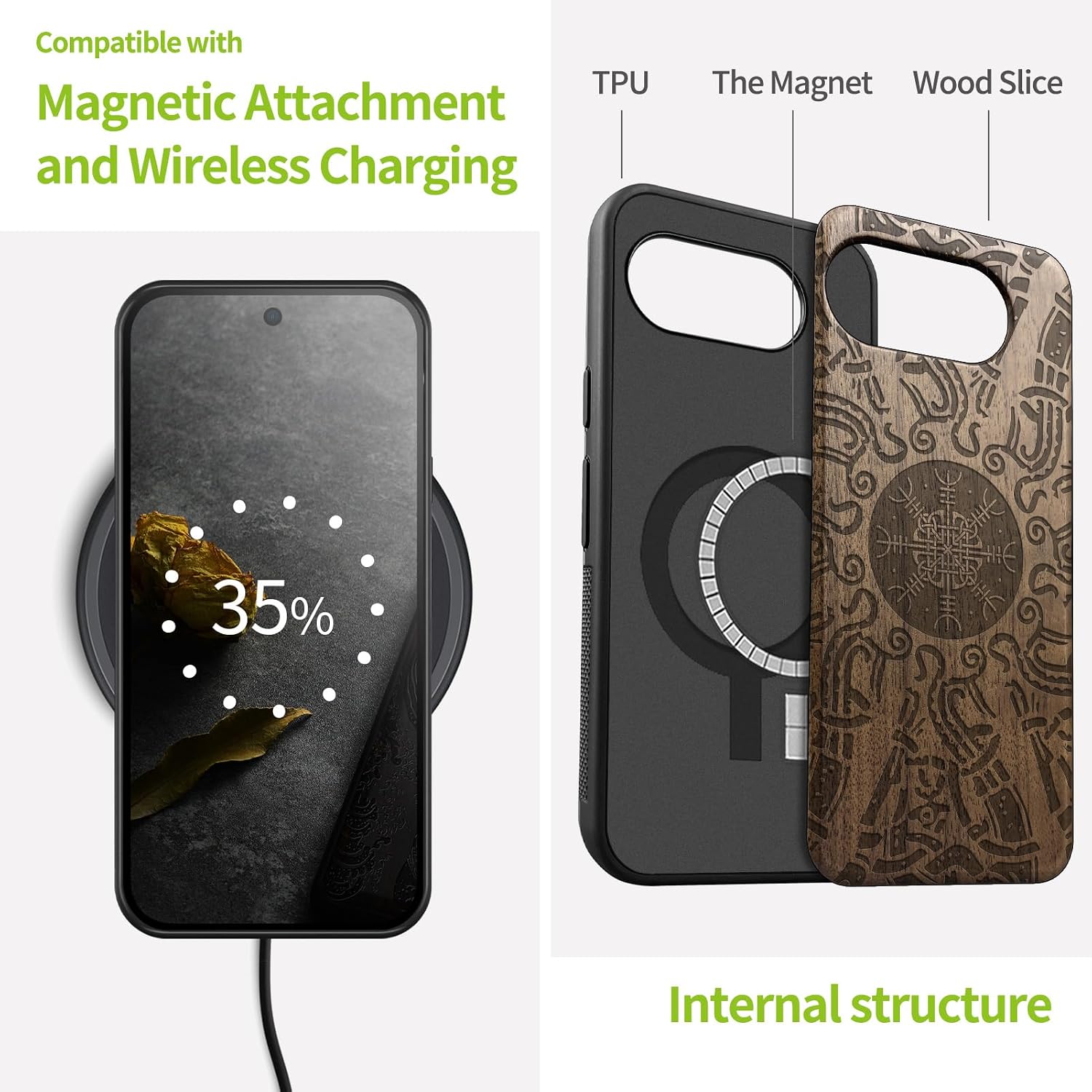Carveit Magnetic Wooden Case for Google Pixel 10a Case, Wood Artisan Engraved & Soft TPU Shockproof Cover, Compatible with MagSafe Wireless Chargers (Shield of the Ancients) Walnut