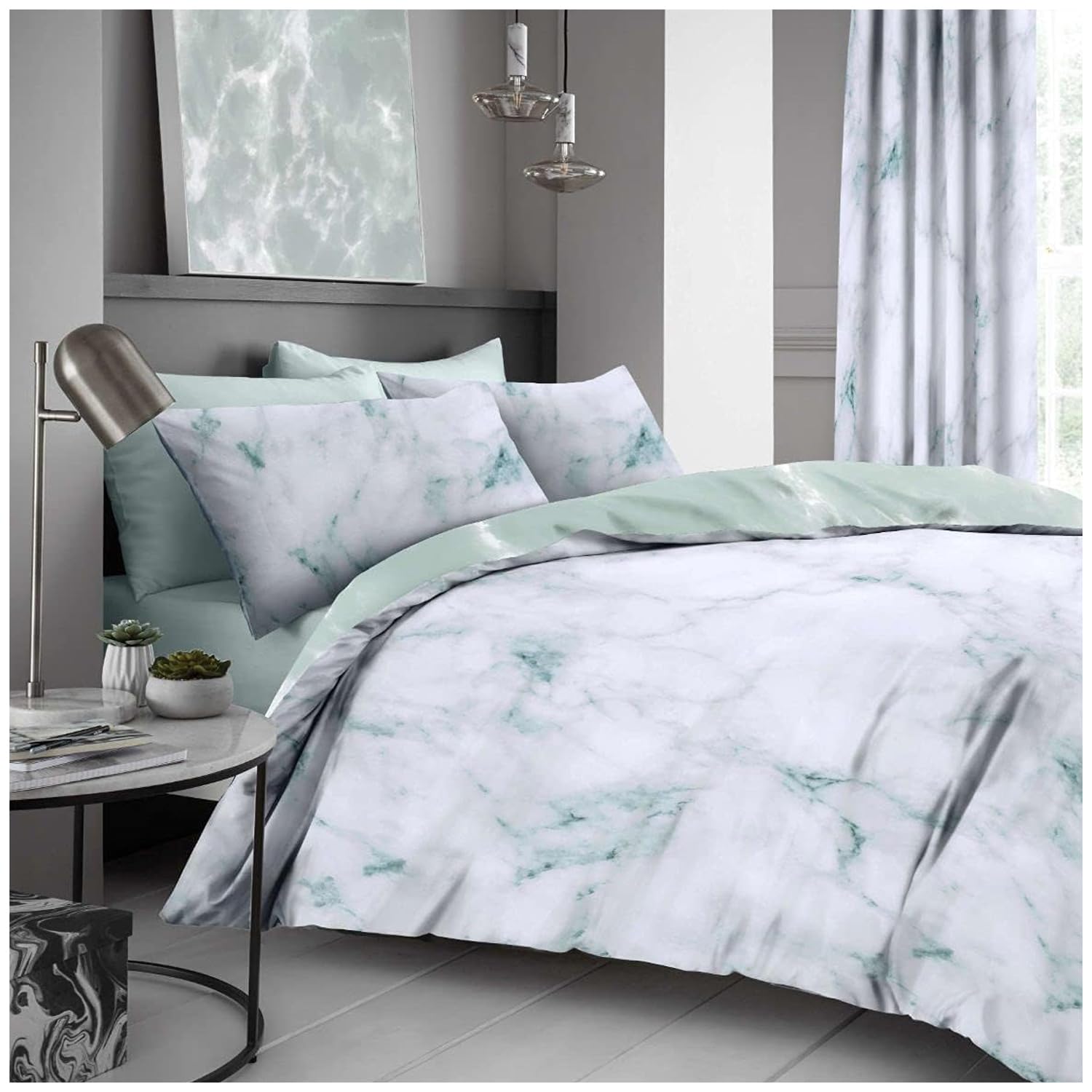 GC GAVENO CAVAILIA Marble Textured Soft Kingsize Duvet Cover Sets | Breathable Reversible Marble King Size Bedding With Matching Pillowcases | Duck Egg