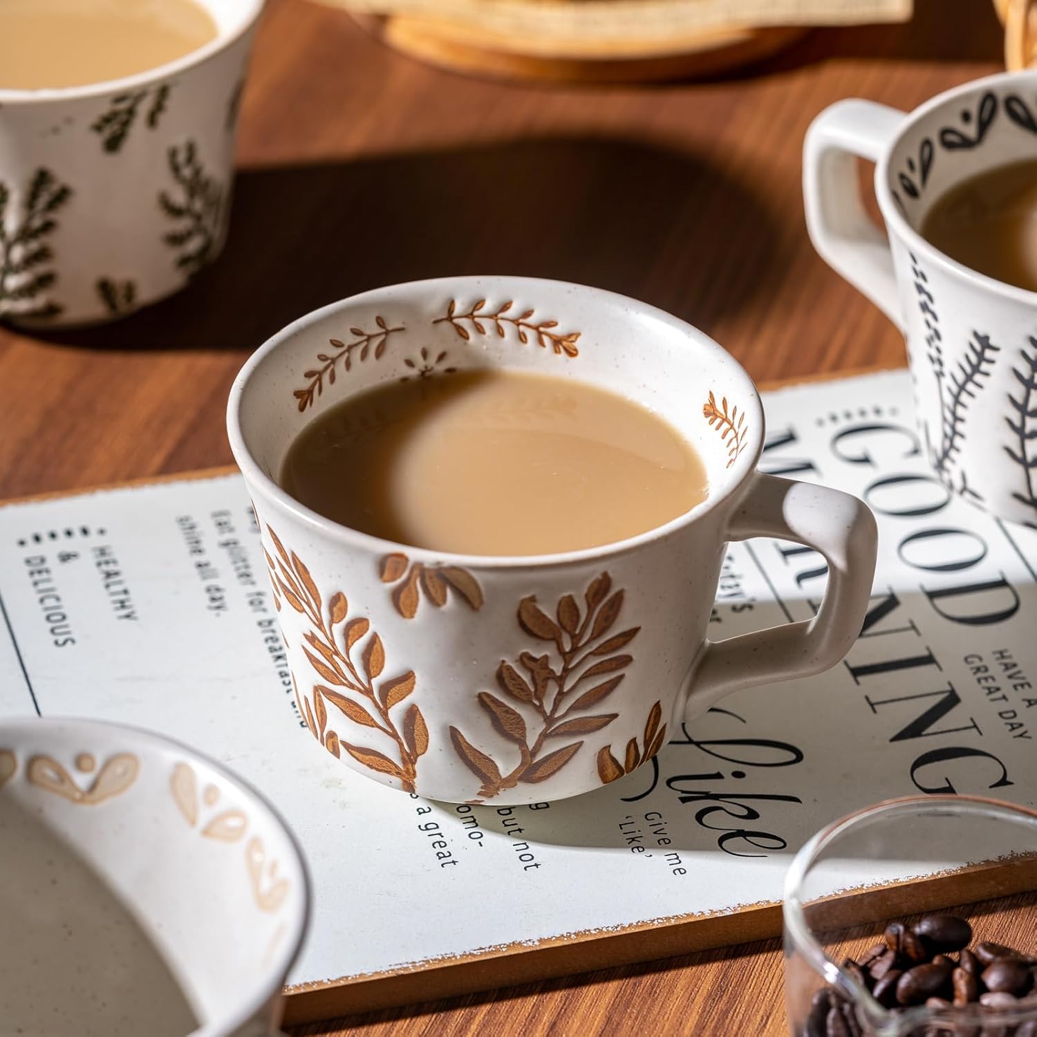 Mug Set of 2 Coffee Mugs Set 11 Ounce, Porcelain Cups for Latte, Hot Tea, Cappuccino, Cocoa, Soup, Dishwasher, Microwave Safe, Christmas Gift Set (Bean leaf & Vines)
