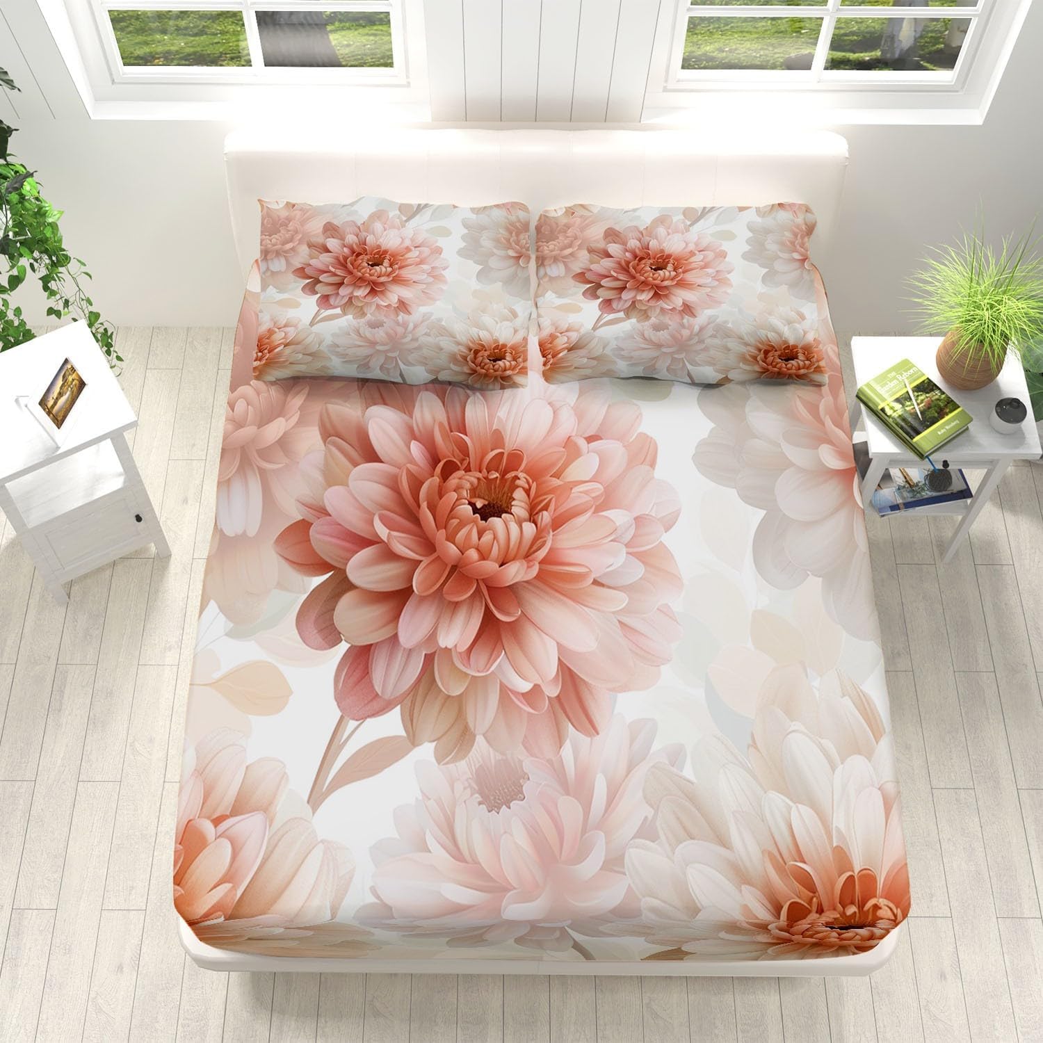 Print Fitted Sheet Set Full Size for Kids Boys Girls, Bed Sheets Pink Dahlia Pattern Fitted Sheet Adults Flat Sheet Soft Luxury, Home Room Decor 4Pcs