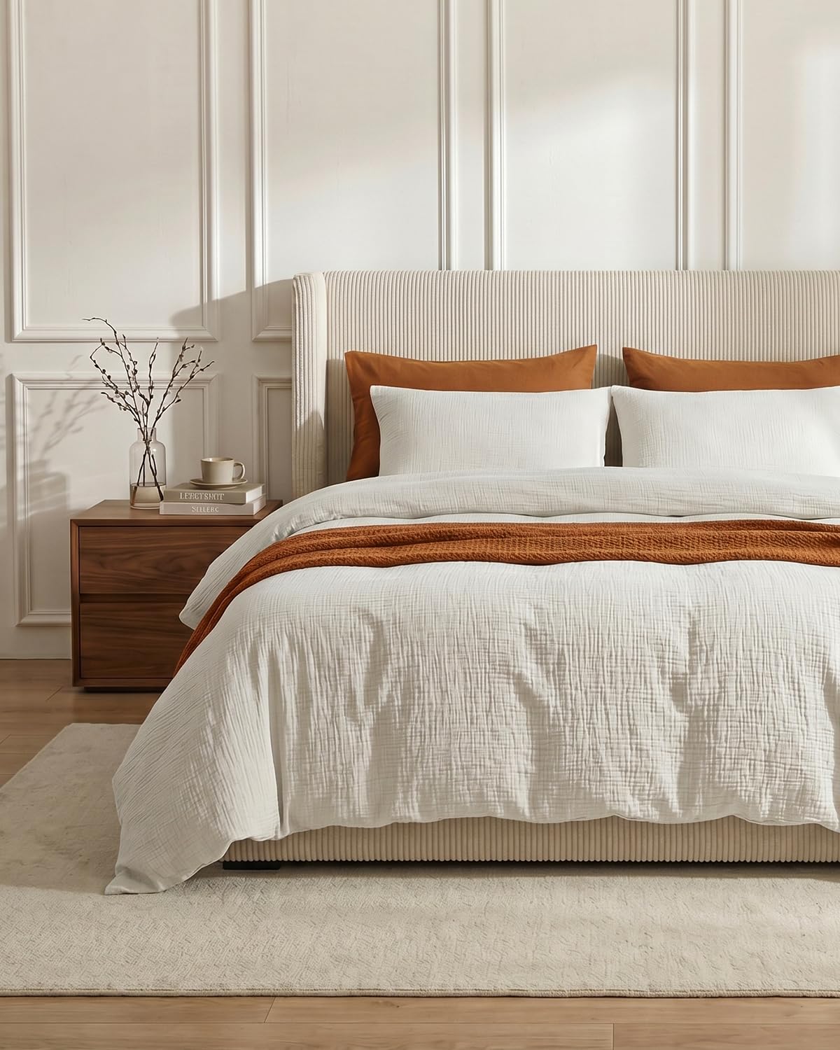 Bailix Set di biancheria da letto in mussola di alta qualità, 135 x 200 cm, 3 pezzi, bianco, 100% cotone, 135 x 200 cm + 2 federe 80 x 80 cm, con bottoni bianchi