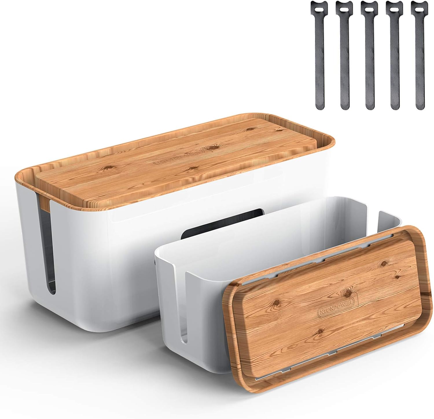 Cable Management Box, NTONPOWER Cord Organizer Box with Phone Holder and 5 Cable Ties, ABS Material Wooden Style, Medium & Large Cord Hider Box for Hiding Surge Protector Cover, USB Hubs, Set of 2