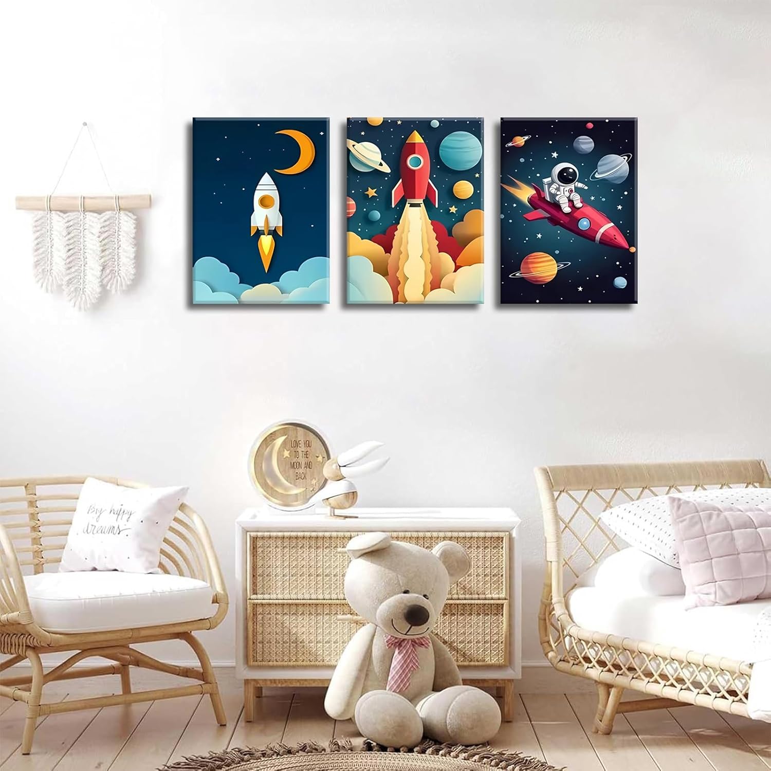 3Pcs Astronaut Wall Art Space Wall Art Toddler Boy Wall Decor Kids Room Wall Decor Boys Room Poster Prints Nursery Canvas Pictures Rocket Astronaut Painting Pictures (12x16in Canvas)