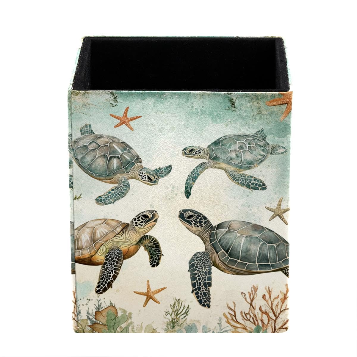 HEOEH Ocean Turtles Pen Holder Pen Pot, Square Pencil Cup for Desk
