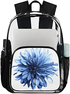 Mochila transparente de flores azuis dálias mochila resistente para livros, primavera dálias impermeável transparente mochila PVC transparente com alça de ombro reforçada para escola, trabalho, viagens, Multicor