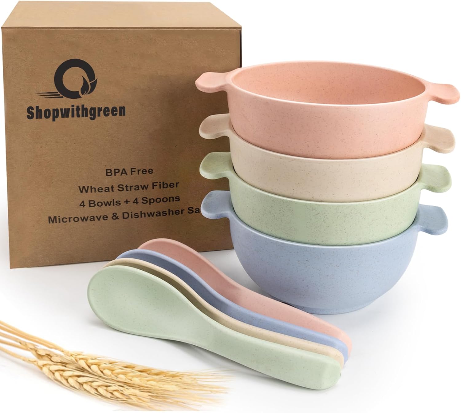 shopwithgreen Unbreakable Kids Bowls -Microwave Dishwasher Safe- Wheat Straw Snack Bowl Sets for Kids/Toddler/Children/Baby Feeding – 4 Bowls and 4 Spoons, Lightweight and Durable, 14 OZ