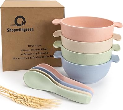 14 OZ Wheat Straw Cereal Bowls with 4 Spoons, Reusable Snack Bowls for Kitchen, Set of 4 Microwave and Dishwasher Safe for Soup, Oatmeal, Ramen, Camping, Kids, College Dorm Room, Coastal