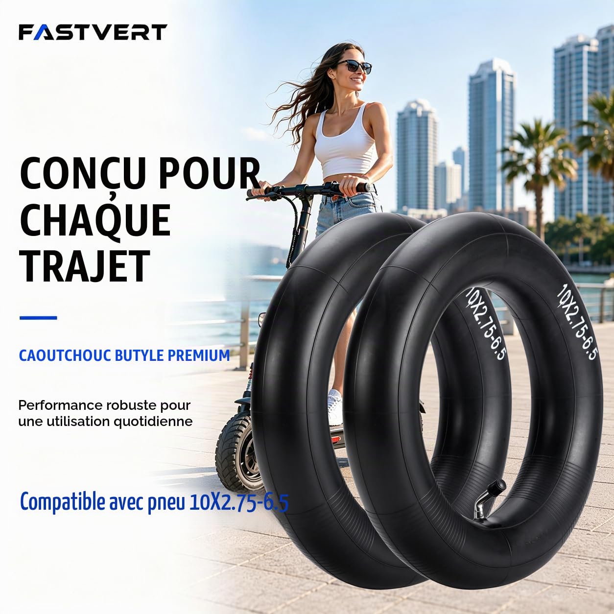 Chambres à Air 10x2.75-6.5 (Lot de 2), Valve Coudée CR202 | Chambres à air robustes en caoutchouc butyle pour trottinettes électriques et mini-motos. Comprend 2 démonte-pneus.