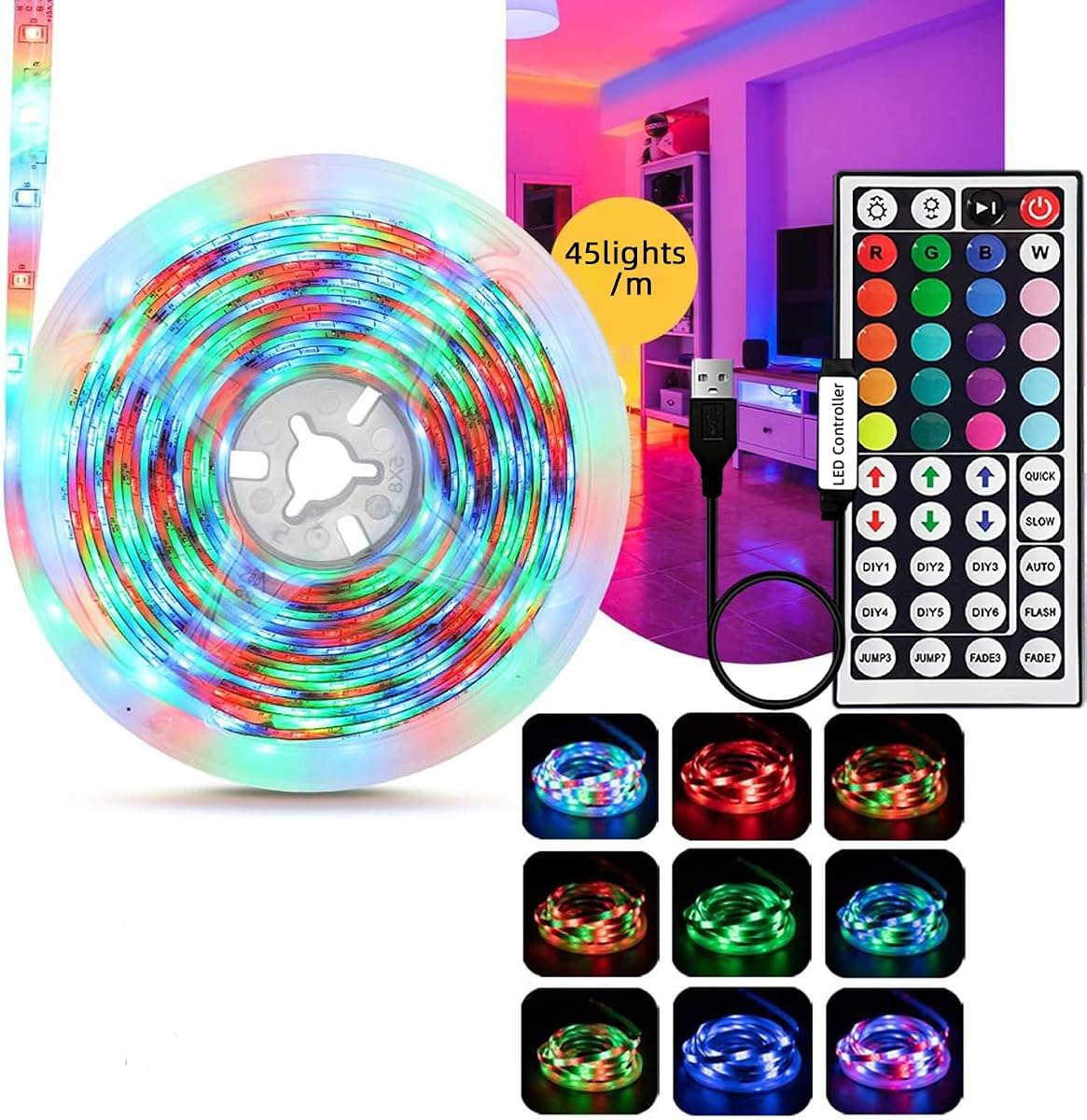 NBBUFF 32.8ft USB RGB LED Strip Lights, with 44-Key Remote Control, Easy to Install, Can Be Cut, Suitable for Home Decoration, Office, Game Room